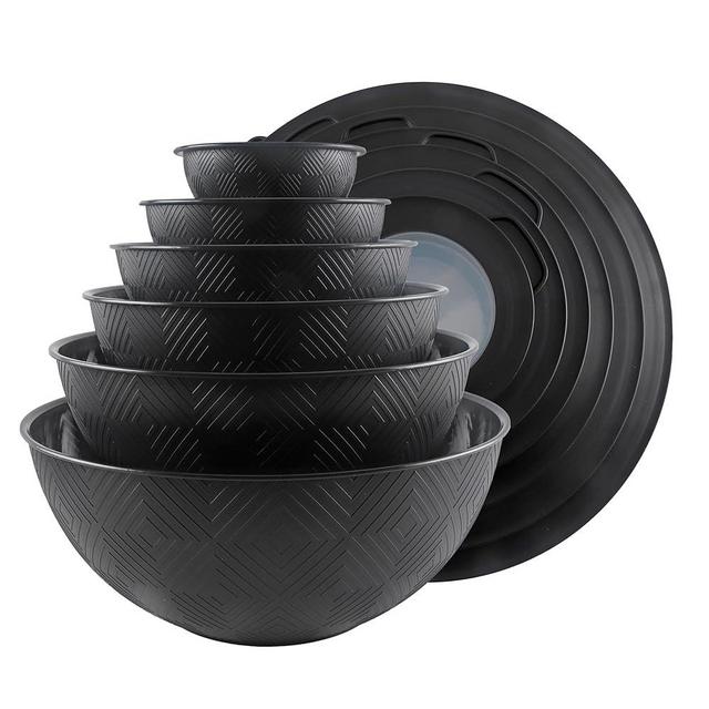 COOK WITH COLOR Mixing Bowls with Lids - 12 Piece Plastic Nesting Bowls Set includes 6 Prep Bowls and 6 Lids, Non Slip Bottom and Rhombus Design - Microwave Safe (Black)