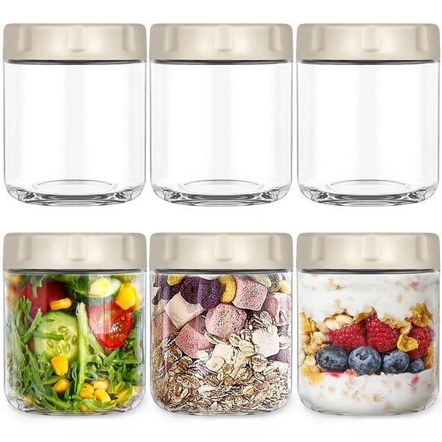 RYTSAS 6 Pack Glass Overnight Oats Jars with Airtight Lid, 16OZ Wide Mouth Mason Jars, Leak Proof Glass Food Storage Containers for Yogurt, Oats, Chia Pudding, Snacks, Spice, Sugar