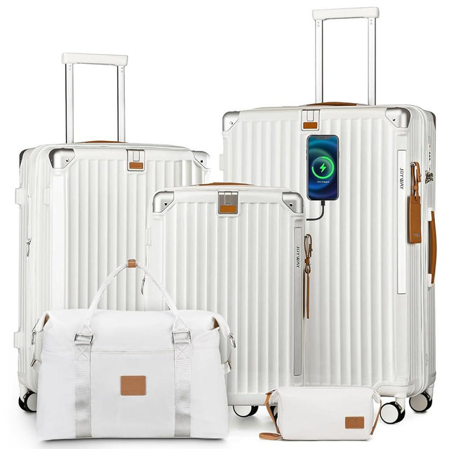 Joyway 5-Piece Luggage Set with Cup Holder, Expandable 20% Capacity, Includes Handbag, Anti-Slip Wheels, Hook, Smart Carry-On Suitcase for Men & Women, Spinner Travel Set White