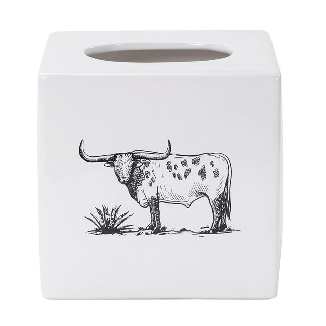 H HIEND ACCENTS Paseo Road Ranch Life Western Bathroom Accessories, Ceramic Tissue Napkin Box Cover Holder with Black and White Longhorn Print, Rustic Countertop Bathroom Decor