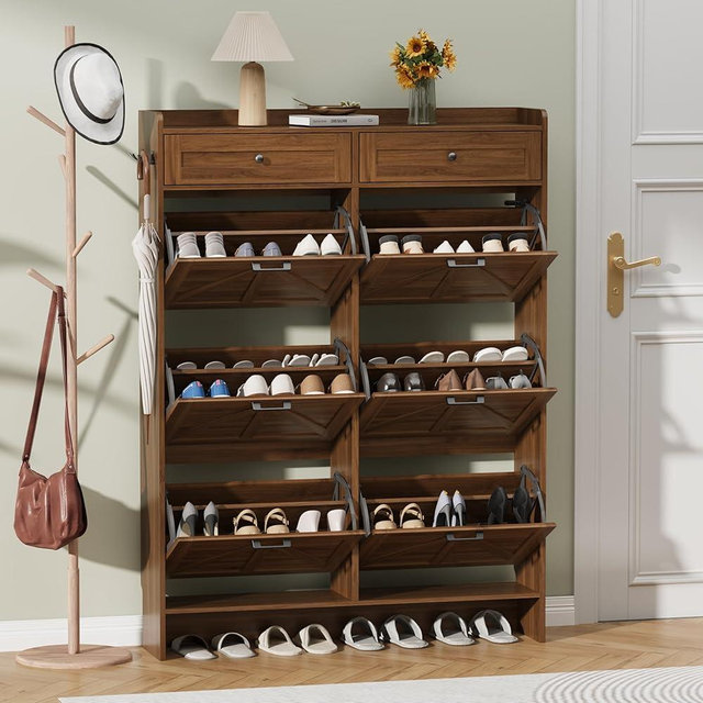 Thacuok Shoe Cabinet with 6 Flip Drawers & 2 Storage Drawers, Rustic Farmhouse Narrow Shoe Organizer Cabinet, Slim Shoe Rack Cabinet, Shoe Storage Cabinet for Entryway, Hallway, Front Door