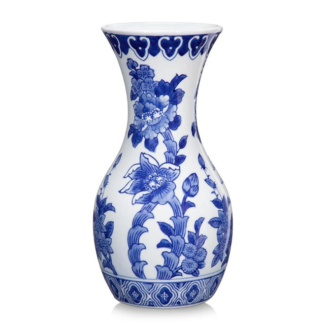 Blue and White Ceramic Vase, 11 Inch Tall Flower Vase in Floral Pattern, Large Retro Chinoiserie Vase Decor Side Table Centerpiece Living Room Bookshelf, Antique Grand Millennial Decor