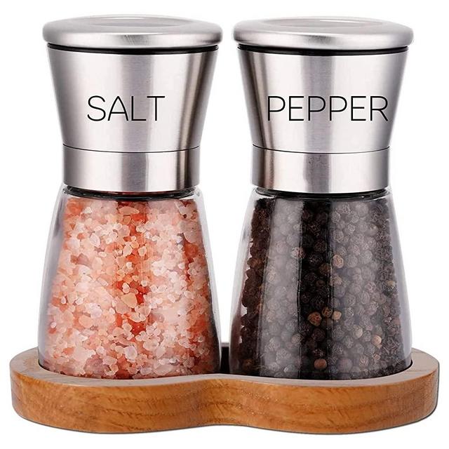 Salt And Pepper Grinders Stainless Steel - Short Glass refillable Grinder Set Shaker with Adjustable Coarseness Mill - For Sea Salt, Himalayan, Black Peppercorn, or Spices - Salt and Peppermill Set