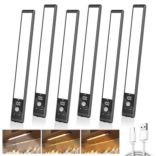 Mpotmiy 6 Pack 10" Under Cabinet Lights with Digital Display,52 LED Rechargeable Motion Sensor Light Indoor,3 Color Temperatures, Magnetic Dimmable Closet Lights, Under Counter Light for Kitchen