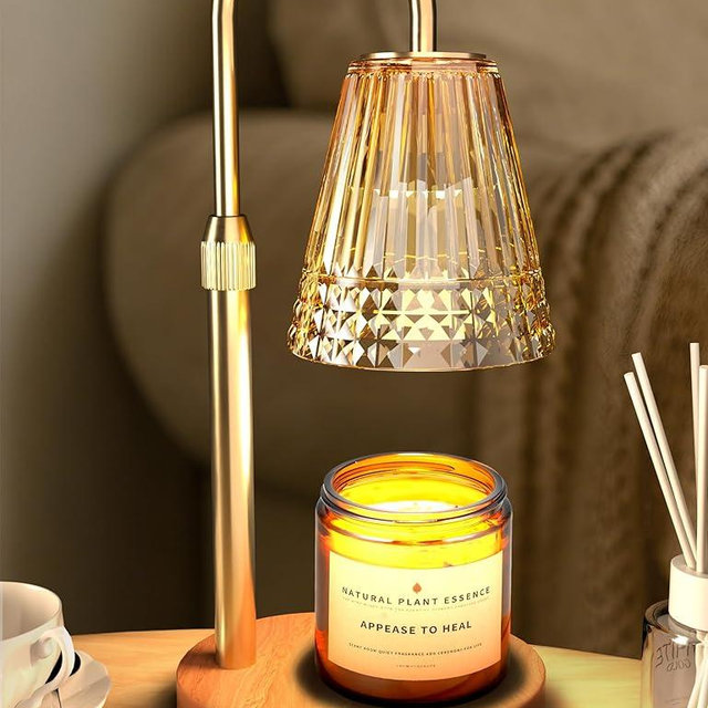 TATAANTY Candle Warmer Lamp with Timer Dimmable, Height-Adjustable Candle Warmer with 2 Bulbs, Melt Wax Warmer Lamp, House Warming Gifts New Home,Gifts for Women, Golden Glass Shade, Wood Base