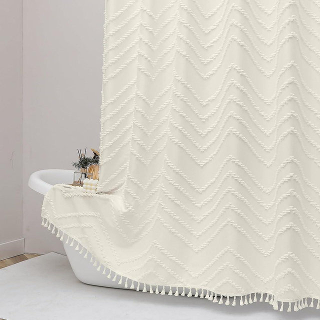 OWENIE Boho Shower Curtain, Beige Fabric Cloth Shower Curtains Farmhouse Tufted Chevron Striped Textured with Tassel for Bathroom, Soft Hotel Style Modern Minimalist, Machine Washable, 72x72, Beige