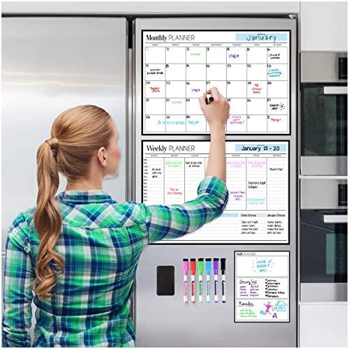 Magnetic Dry Erase Calendar Bundle for Fridge: 3 Boards Included - Monthly, Weekly, Daily Calendar Whiteboard 17x12" - 6 Fine Tip Markers and Large Eraser with Magnets, Refrigerator White Board Wall