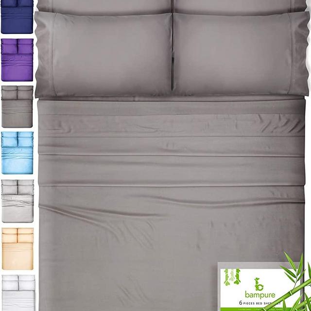 6 Piece Bamboo Sheets King Size Sheets - 100% Organic Bamboo King Sheets Cooling Sheets King Deep Pocket King Bed Sheets King Size Sheet Set King Size Bed Sheets Extra Deep Pocket Sheets Stone Gray