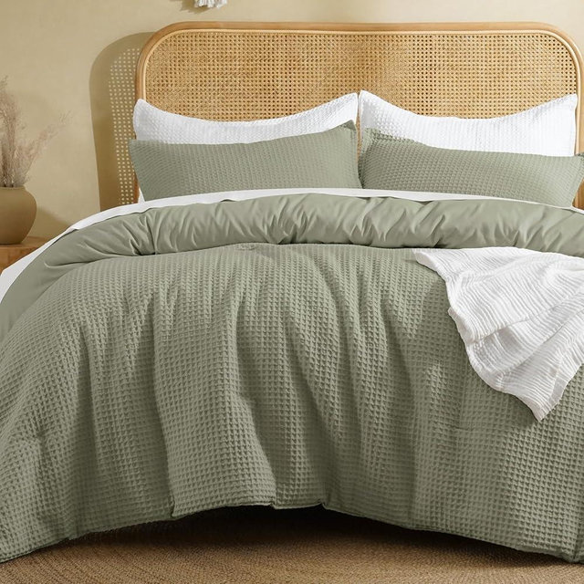 David's Home Waffle Weave Comforter Set 3PCS Queen Size, Soft Breathable Lightweight Cozy Skin-Friendly Warm for All Season, Elegant Aesthetic Home Decor Bedding Set with Pillow Shams, Dusty Sage