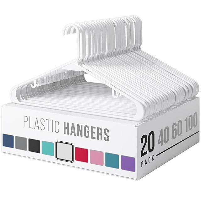 Plastic Clothes Hangers White - Heavy Duty Durable Coat and Clothes Hangers | Vibrant Color Hangers | Lightweight Space Saving Laundry Hangers (20 Pack - White)