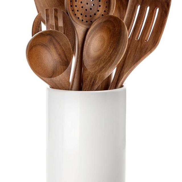 Nucookery Wooden Utensil Sets with Holder, Teak Wood Kitchen Utensils Ceramic Utensil Hold for Countertop, Nonstick Cooking Utensils Spoon Spatula Set 8 Pcs, Non Toxic Natural Kitchen Decor
