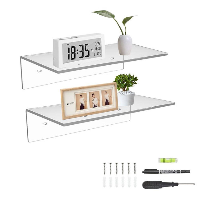 Sezanrpt 12 Inches Acrylic Wall Shelves 2 Pack, Floating Shelf for Wall Mounting, Acrylic Display Ledges for Funko Pop Figures, Home Décor, Living Room, Gaming Room, Plants(12 inch, Clear)