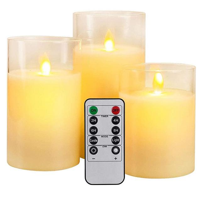 Led Flameless Candles, Battery Operated Flickering Candles Pillar Real Wax Moving Flame Electric Candle Sets Gold Glass Effect with Remote Timer, 4 in, 5 in, 6 in, Pack of 3 White