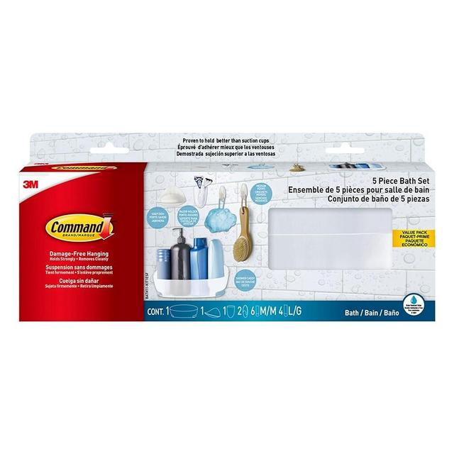 Command Bathroom Accessories, 5 Piece Bathroom Organizer Set - 1 Shower Caddy, 1 Soap Dish, 1 Toothbrush Holder, 2 Hooks with Water Resistant Command Strips