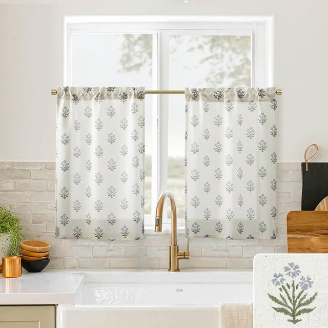Lino Rosa Farmhouse Kitchen Curtains 36 Inch Length,Spring Floral Blue Green Modern Vintage Block Print Linen Cafe RV Curtains for Camper Windows