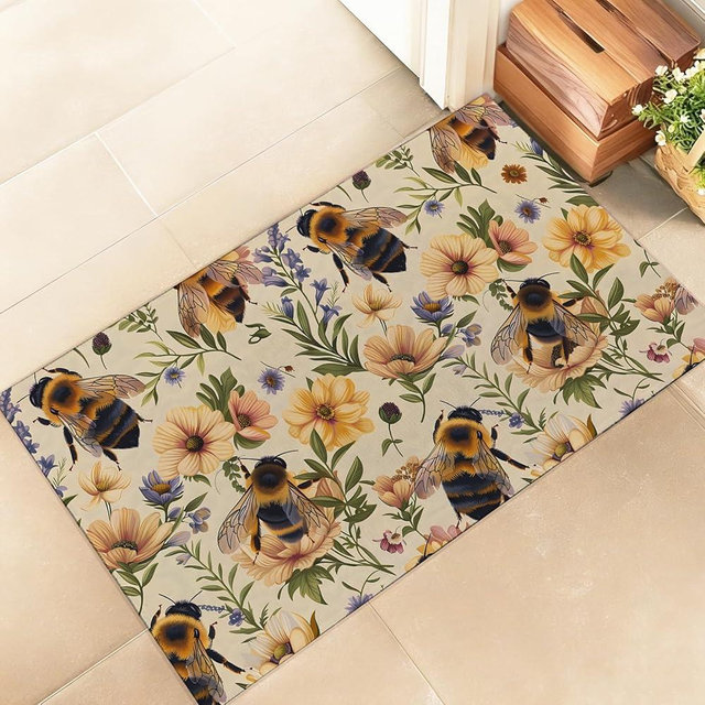 amepay Retro Bee Wildflower Indoor Door Mat – Stylish 17x29.5in Non-Woven Fabric Floor Doormat with Cute Floral Design, for Porch Insider,Bedroom,Living Room - Rustic Farmhouse Decor Rug Gifts