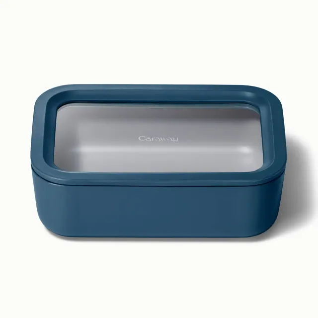 Caraway Home Medium Ceramic Coated Glass Food Storage Container Navy: 6.6 Volume, Oven & Microwave Safe, Hand Wash