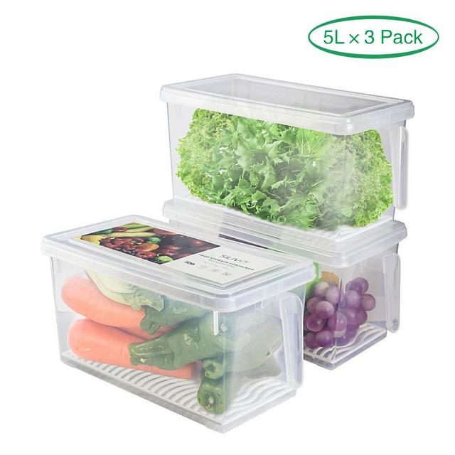 Produce Saver Refrigerator Organizer Bins for Fridge - 5L x 3 SILIVO FreshWorks Stackable Fridge Storage Containers with Removable Drain Tray for Produce, Fruits, Vegetables, Meat and Fish