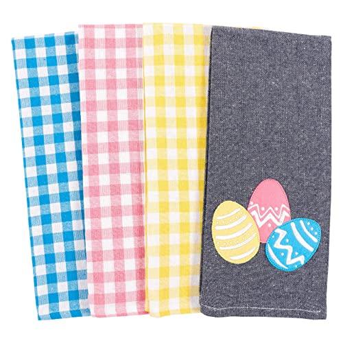 KAF Home Bloom Decorative Appliqué Easter Eggs Kitchen Dish Towel Set of 4, Cotton Rich, 18 x 28-inch