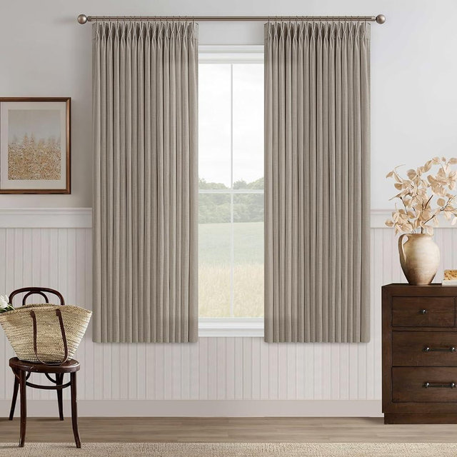 Taupe Light Filtering Kitchen Curtains 63 Inches Long 2 Sets Basement Curtains for Small Window Burlywood Birch Tan Brown Pinch Pleated Linen Short Semi Sheer Back Tab for Bay Windows 50Wx63L