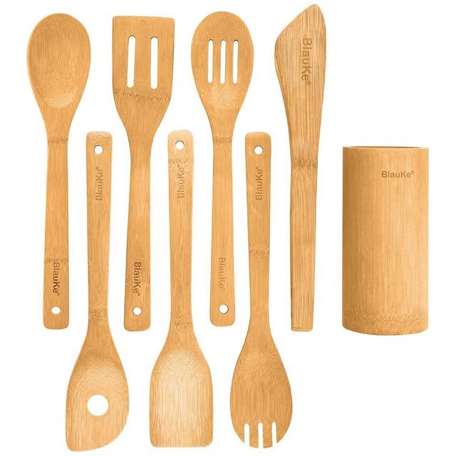 Wooden Spoons for Cooking 8-Pack – Bamboo Kitchen Utensils Set – Nonstick Wooden Cooking Utensils – Wood Spatula Spoon Tongs Utensil Holder – BlauKe®
