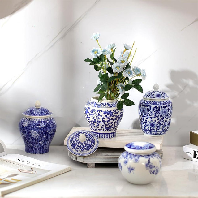 Hushee Small Blue and White Vase Porcelain Vases Blue Chinoiserie Decor Porcelain Ginger Jars for Home Chinoiserie Decor for Bedroom Table Accent Shelf Tabletop(Classic,4 Pcs)