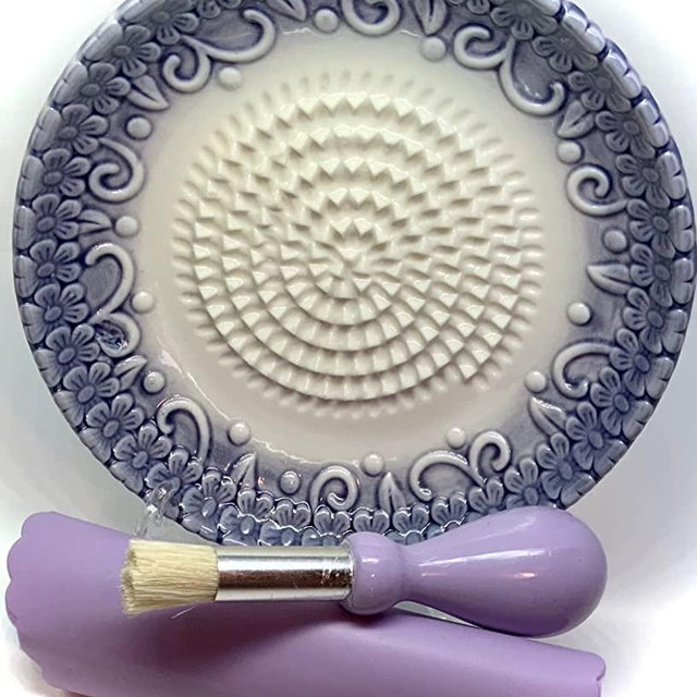 BonCera, All-in-one 4pcs Prime Ceramic Garlic Grater Set - HandMade, Purple Emboss Design Grater Plate w/Garlic Peeler, Gathering Brush, Display Stand, It's also grating Turmeric, Ginger, and more,