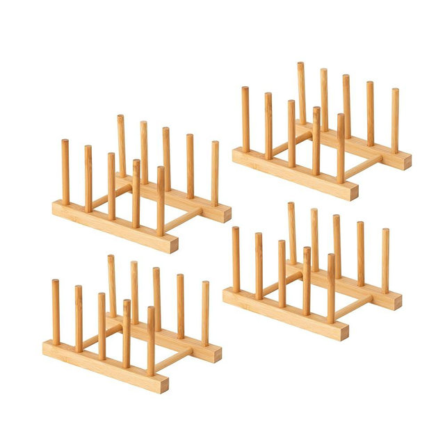 HBlife 4pcs Bamboo Dish Plate Bowl Cup Book Pot Lid Cutting Board Drying Rack Stand Drainer Storage Holder Organizer Kitchen Cabinet（Keep Dry）