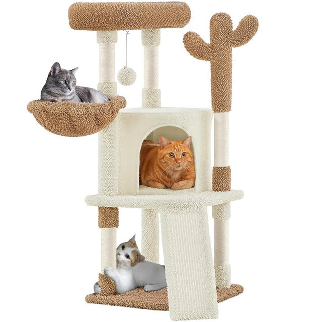 Yaheetech Cactus Cat Tree, 42in Cat Tower for Indoor Cats, Multi Level Kitten Condo Scratching Post, Pet Activity Center Furniture w/Ball, Plush Perch, Platform, Basket, Beige/Brown