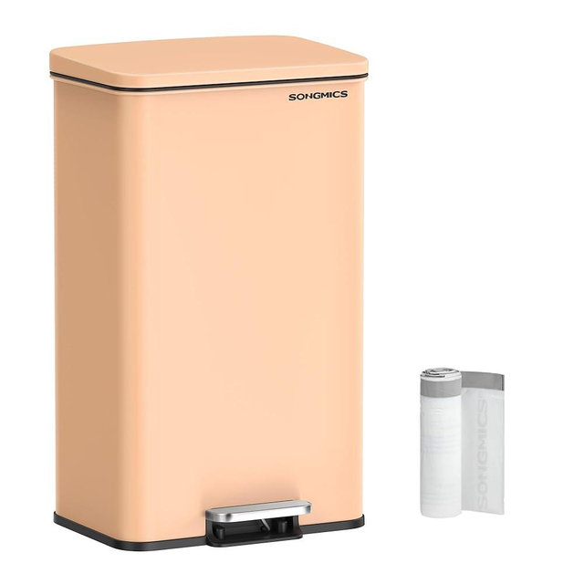 SONGMICS Kitchen Trash Can, 10.5 Gallon (40 L) Garbage Can, Large Step Trash Bin with Lid, Stainless Steel, Soft Close, 15 Trash Bags Included, Peach Fuzz ULTB540R01