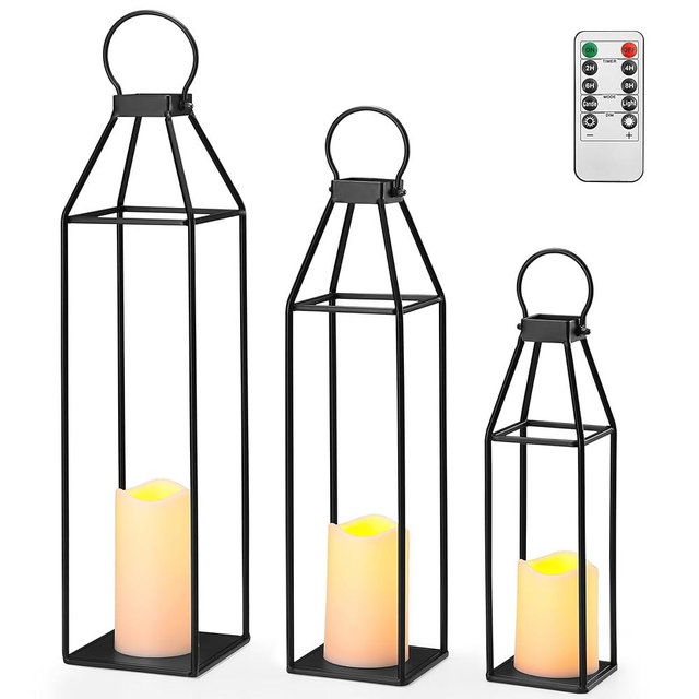 Perfnique Set of 3 Black Metal Lanterns w/ Waterproof Flickering Flameless Candle & Remote Timer, Modern Farmhouse Lanterns Decorative for Outdoor, Front Porch, Indoor, Patio, Garden, Fireplace