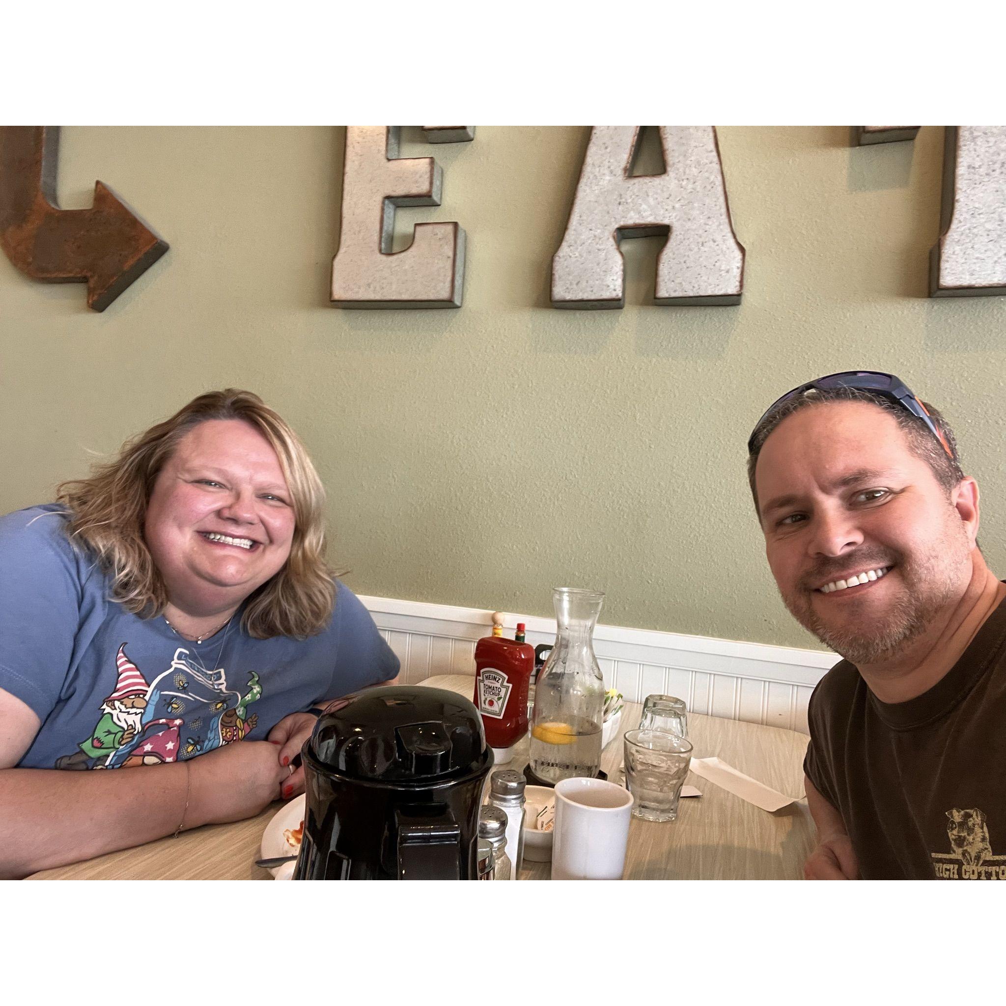 Out to breakfast- our favorite treat