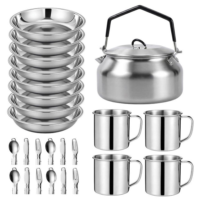 LemonRoad 25 Pcs Camping Cookware Kit Stainless Steel Camp Cooking Set with Stainless Steel Pot Cups Plates Forks Knives Spoons for Camping, Backpacking, Cooking and Picnic Outdoor
