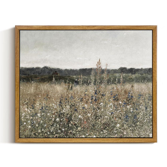 InSimSea Framed Canvas Wall Art Vintage Decor, Wildflower Field Canvas Wall Art Paintings Prints, Rustic Landscape Wall Decor for Bathroom Office Dining Room, 9"x11"
