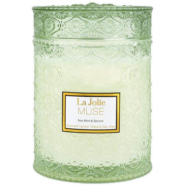 LA JOLIE MUSE Sea Mint & Spruce Scented Candle, Large Jar Candle Gift, Organic Candles, Wood Wick, 19.4 oz