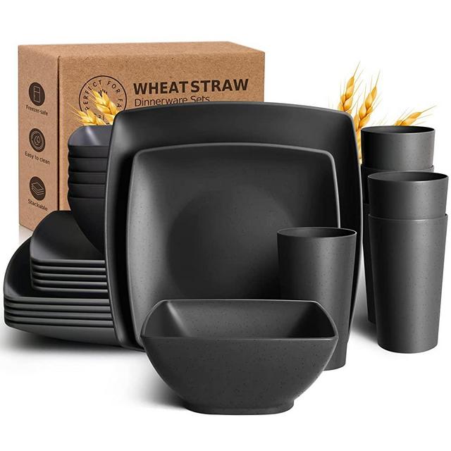 Teivio 24-piece Wheat Straw Square Dinnerware Set for 6, Unbreakable Dinner Plates, Salad Plates, Snack Bowls, Tumblers 20 oz, Dishwasher Safe, Black