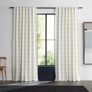 Linen Pinstripe Grid Blackout Window Curtain Panel