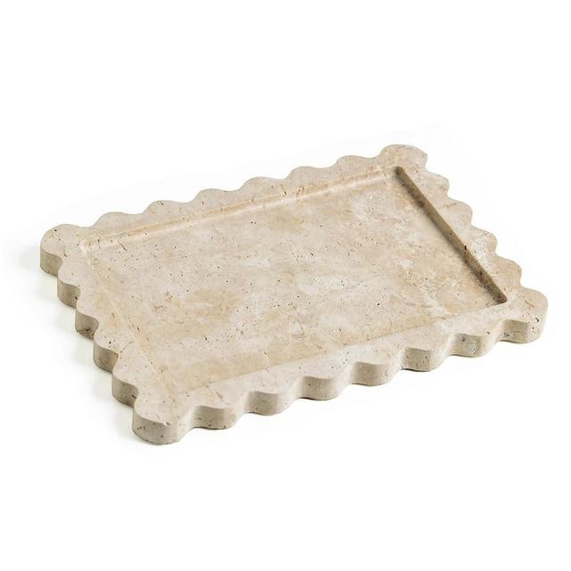 10.8x8'' Natural Travertine Tray with Scalloped Edge, Rectangle Vanity Tray for Bathroom Kitchen Counter, Decorative Tray for Dresser Home Décor