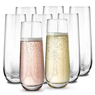 Stemless Champagne Flutes, by KooK, Durable Glass, Set of 8, 10.5oz