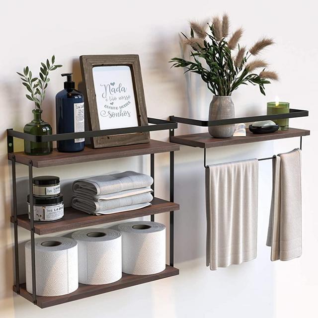 RICHER HOUSE 3+1 Tier Wall Mounted Floating Shelves Set of 2, Rustic Wood Wall Shelf with Metal Frame, Extra Storage Rack for Bathroom, Kitchen, Bedroom with Tissue Rack & Towel Bar - Rustic Brown