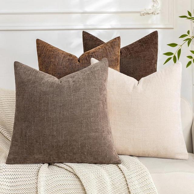 Cozoomy Set of 4 Soft Textured Decorative Throw Pillow Covers 18x18 Inch Cozy Farmhouse Cushion Cover Square Accent Pillow Cases for Bed Couch Sofa Living Room, Beige Taupe Brown