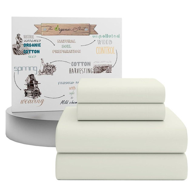 SUPREME ELEGANCE 4Pc 100% Organic Cotton King Size Sheets Set, Light Ivory, 300 Thread Count, Percale Weave, Cooling, Deep Pocket Fitted Sheet, Crisp, Breathable Cotton Bedding, Hotel Style Bed Sheets