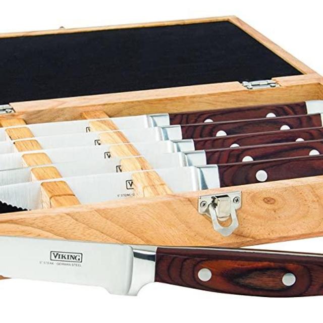 Viking Culinary High Carbon German Steel Pakka Wood Handle Steak Knife Set, 6 Piece, Red