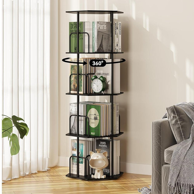 SUNMORY 4 Tier Rotating Bookshelf Tower, Revolving 360 ° Spinning Bookcase, Hexagonal Corner Book Shelf Storage Carousel, Vertical Rotate Turning Organizer Book Shelves for Living Room Office Bedroom