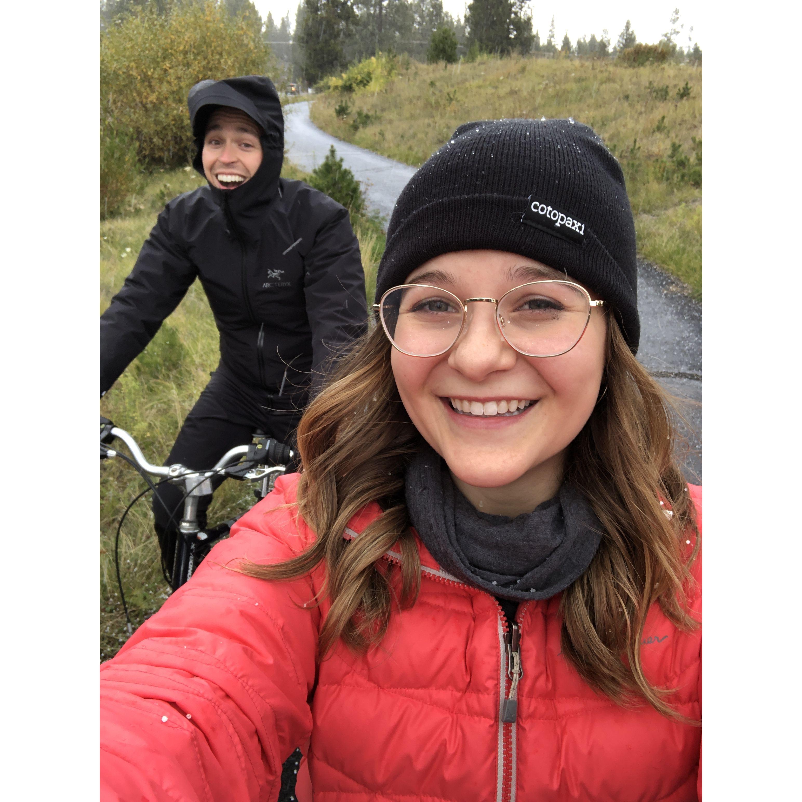 We visited Bend for the first time together in September 2019, and it snowed on us! I worked on a Bend job application during our trip, and we had no idea that we would both be living here now.