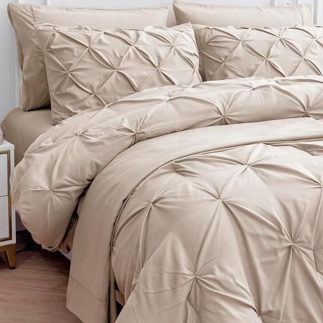 LANE LINEN Queen Comforter Set - 7 Pieces Pintuck Bed in A Bag, Queen Bed Set with Comforters, Sheets, Pillowcases & Shams, Bedding Set - Beige