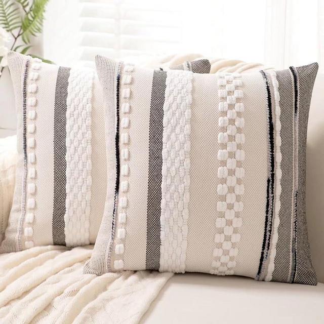 WANLIRD Boho Throw Pillow Covers 18x18 Set of 2 Farmhouse Decorative Cushion Case Striped Square Pillows Cover Chenille Pillow Cases Accent Neutral Pillowcase for Sofa Couch Bed,White