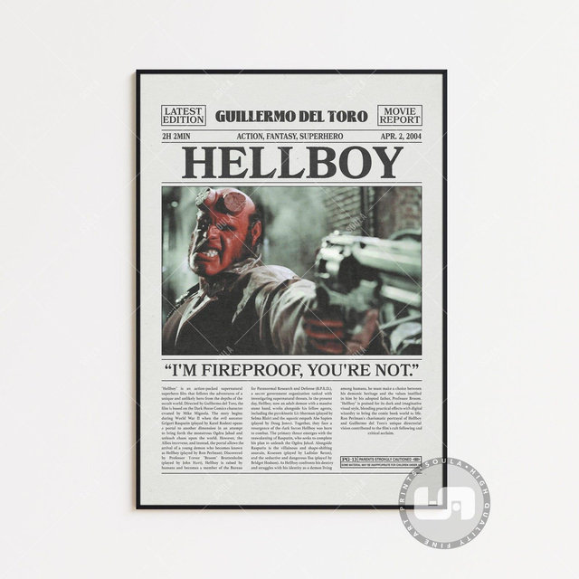 Hellboy Poster, Guillermo del Toro, Retro Newspaper Movie Poster, Black White Wall Art, Vintage Retro Art Print