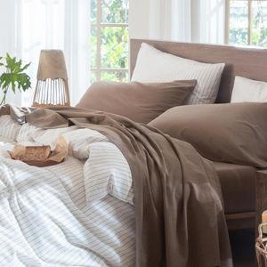MooMee Bedding Sheet Set 100% Washed Cotton Linen Like Textured Breathable Durable Soft Comfy (Solid Brown, Queen)