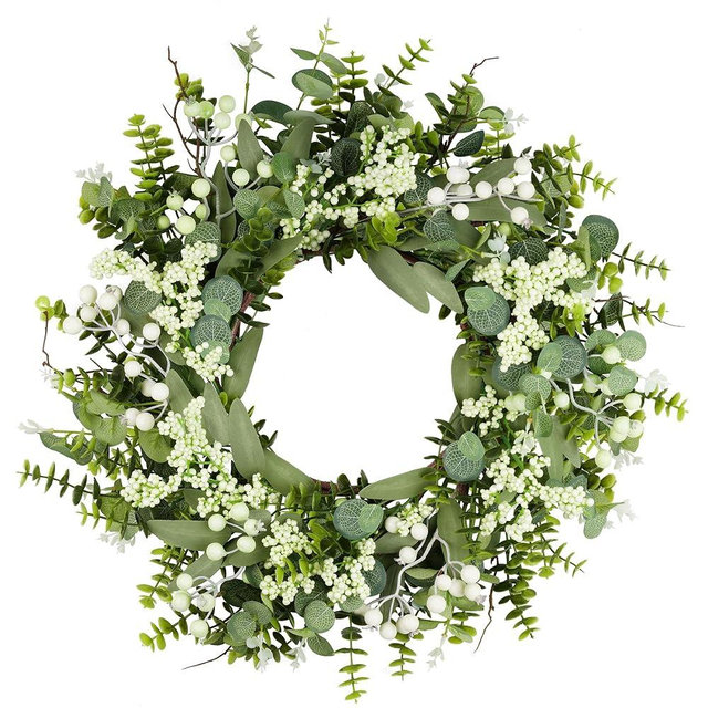 Vlorart 20'' Artificial Spring Summer Christmas Greenery Wreaths for Front Door Green Eucalyptus Leaf Wreath Decor Boxwood with Big Berries for Farmhouse Outside Year Round